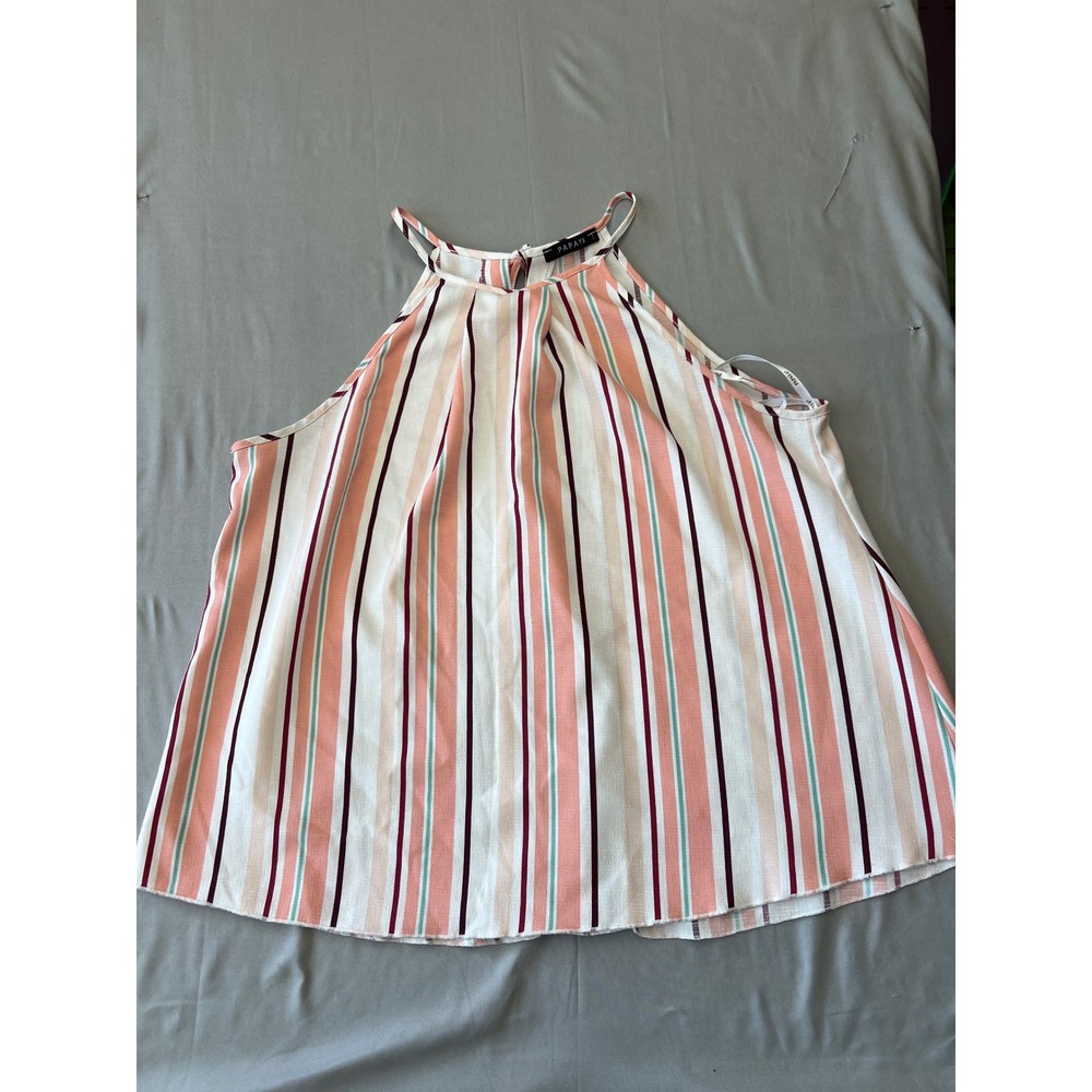 Papaya Halter Top Large Peach Teal Striped Keyhole Back Sleeveless Blouse KT2230